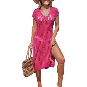 CUPSHE Women’s Crochet Swim Suit Coverup Cap Sleeve Knit Loose Beach Cover Ups Side Split Midi Dress(Rose Red)