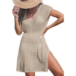 CUPSHE Womens Crochet Swimsuit Coverup Short Sleeve V Neck Mesh Mini Dress Split Casual Knit Beach Cover Ups(Apricot)