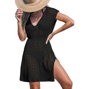 CUPSHE Womens Crochet Swimsuit Coverup Short Sleeve V Neck Mesh Mini Dress Split Casual Knit Beach Cover Ups(Black)