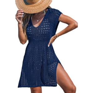 CUPSHE Womens Crochet Swimsuit Coverup Short Sleeve V Neck Mesh Mini Dress Split Casual Knit Beach Cover Ups(Navy Blue)