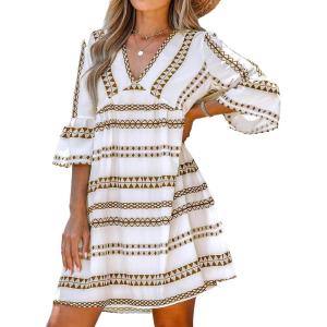 CUPSHE Women’s Dress Geo Print V-Neck Long Sleeve Mini Dresses Short Sleeves Casual(White)