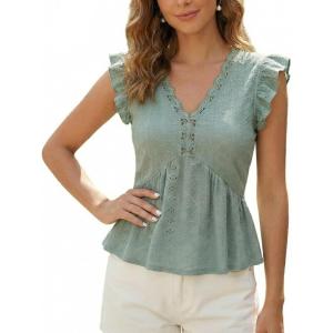 CUPSHE Womens Eyelet Tops Lace Crochet V Neck Ruffle Sleeve Blouse Casual Summer Peplum Shirts(Green)