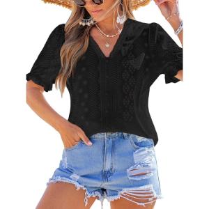 CUPSHE Women’s Eyelet Tops Puff Short Sleeve Lace Hollow Out V Neck Button Dressy Shirts Summer Vacation Outfits(Black)