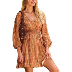 CUPSHE Womens Fall Boho Floral Dresses Long Sleeve V Neck Mini Dress Smocked Short Wedding Guest Dress(Orange Floral)