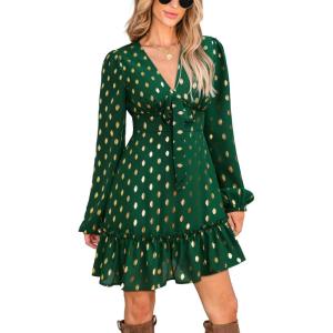 CUPSHE Women’s Fall Christmas Holiday Mini Dress Long Sleeve Polka Dots Short Dress Smocked Bow Tie Flowy Dresses(Green)