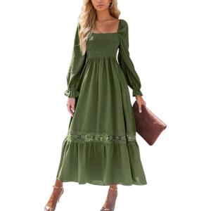 CUPSHE Womens Fall Dresses 2025 Square Neck Smocked Long Sleeve Ruffled Lace Long Formal A Line Maxi Wedding Guest Dress(Olive Green)