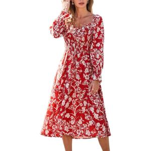 CUPSHE Womens Fall Dresses 2025 Square Neck Smocked Long Sleeve Ruffled Lace Long Formal A Line Maxi Wedding Guest Dress(Red Floral)
