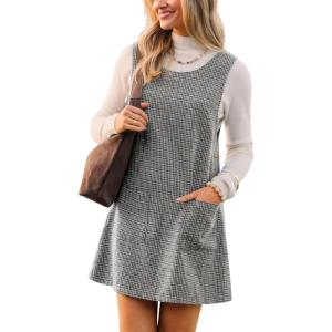 CUPSHE Women’s Fall Dresses Houndstooth Pinafore Dress Side Buttons Crewneck Plaid Overall Mini Dress with Pockets(Black)