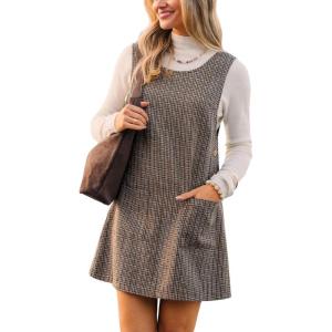 CUPSHE Women’s Fall Dresses Houndstooth Pinafore Dress Side Buttons Crewneck Plaid Overall Mini Dress with Pockets(Brown)