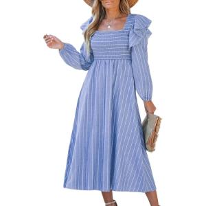 CUPSHE Women’s Fall Dresses Long Sleeves Square Neck Striped Casual Outfits Smocked A Line Ruffled Flowy Midi Formal Dress(Blue Ruffled)