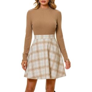CUPSHE Women’s Fall Dresses Plaid Mock Neck Long Sleeves Casual Outfits A Line Mini Dress(Khaki)