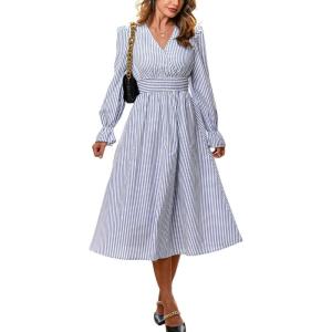 CUPSHE Women’s Fall Dresses Striped V Neck Long Sleeve Elastic Somked Swing Maxi Dress(Blue)