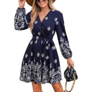 CUPSHE Women’s Fall Dresses V Neck Long Sleeve Floral Print Belted Tie Front Casual A Line Mini Dress(Navy)