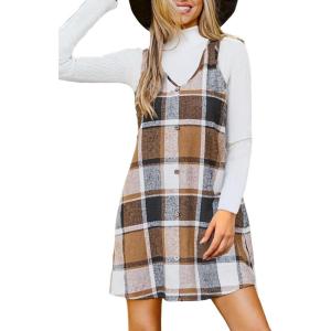 CUPSHE Women’s Fall Dresses V Neck Plaid Sleeveless Wide Straps Casual Button Pinafore Overall Mini Dress with Pockets(Khaki Plaid)