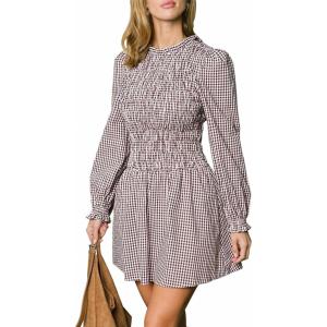 CUPSHE Womens Fall Plaid Dress Long Sleeve Smocked Mini Dress Mock Neck Flowy Babydoll Mini Dress(Brown White)
