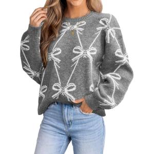 CUPSHE Womens Fall Sweaters Casual Bow Crew Neck Puff Long Sleeve Holiday Pullover Knitted Top Sweater(Grey)