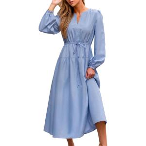 CUPSHE Women’s Fall Wedding Guest Dress V Neck Long Sleeve Drawstring Ruffled Casual Flowy Elegant Party Maxi Dresses(Blue)