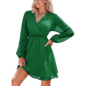 CUPSHE Womens Fall Wedding Guest Party Dress Long Sleeve V Neck Mini Dress Flowy Chiffon A Line Short Dresses(Dark Green)