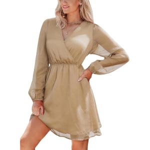 CUPSHE Womens Fall Wedding Guest Party Dress Long Sleeve V Neck Mini Dress Flowy Chiffon A Line Short Dresses(Khaki)