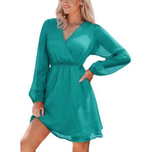 CUPSHE Womens Fall Wedding Guest Party Dress Long Sleeve V Neck Mini Dress Flowy Chiffon A Line Short Dresses(Light Green)