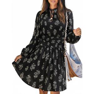 CUPSHE Women’s Floral Mini Dress Tie Neck Puff Sleeves Ruffle A Line Tunic Casual Fall Dress(Black)