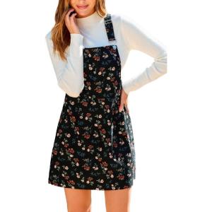 CUPSHE Women’s Floral Overall Mini Dress Sleeveless Square Neck Fall Casual Panifore Dress(Floral Black)