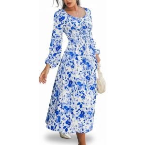 CUPSHE Womens Floral Print Maxi Dress Long Sleeve Smocked Waist Scoop Neck Flowy Fall Elegant Boho Dress(Blue)