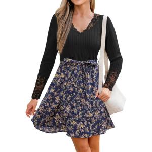 CUPSHE Women’s Floral Ruffled Mini Dress V Neck Long Sleeve Waist Tie Lace Trim Casual Dresses(Black Floral)