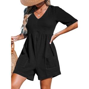 CUPSHE Women’s Jumpsuits V-Neck Wide Leg Romper Short Sleeves Overall with Front Pockets Outfit Casual Beach(Black)