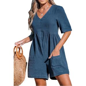CUPSHE Women’s Jumpsuits V-Neck Wide Leg Romper Short Sleeves Overall with Front Pockets Outfit Casual Beach(Blue)