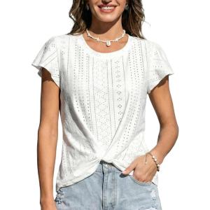CUPSHE Women’s Knit Eyelet Tops, Round Neck Flutter Short Sleeves Knotted Summer T Shirts(White)