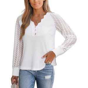 CUPSHE Women’s Lace Blouse Long Sleeve Eyelet V Neck Dressy Button Tops Scalloped Elegant Shirt(White)