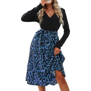 CUPSHE Womens Leopard Print Panel A Line Midi Dress Long Sleeve V Neck Waist Tie Wrap Casual Fall Dresses(Blue Leopard)