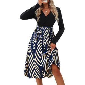 CUPSHE Womens Leopard Print Panel A Line Midi Dress Long Sleeve V Neck Waist Tie Wrap Casual Fall Dresses(Royal Blue Geo)