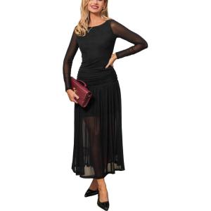 CUPSHE Women’s Long Sleeve Bodycon Maxi Dress Mesh Ruched Slim Dress Formal Wedding Guest Cocktail Evening Dress(Black)