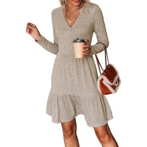 CUPSHE Women’s Long Sleeve Chic V-Neck Mini Dress Jersey Knit Ribbed Flounce Hem Autumn Dresses(Brown)