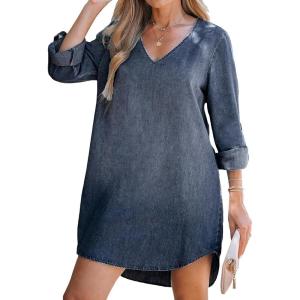 CUPSHE Women’s Long Sleeve Denim Shirt Dress Casual V Neck Mini Distressed Roll Tab Jean Dresses(Dark Blue)