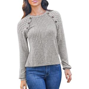 CUPSHE Women’s Long Sleeve Ribbed Knit Sweater 2024 Crewneck Pullover Tops with Buttons(Khaki)