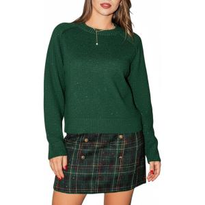 CUPSHE Womens Long Sleeve Sparkly Shinny Fall Sweater Casual Ribbed Knit Crewneck Christmas Pullover Sweaters Top(Green)