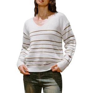 CUPSHE Women’s Long Sleeve Sweater 2024 Fall Knit V Neck Striped Pullover Tops(Beige)