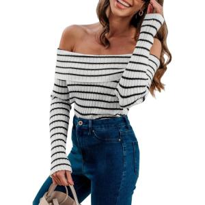CUPSHE Women’s Long Sleeve Sweater 2024 Fall Off The Shoulder Striped Sweater Tops(Black White Striped)