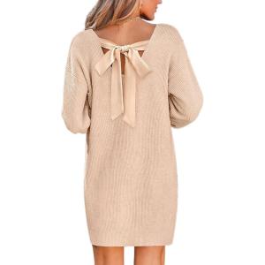 CUPSHE Womens Long Sleeve Sweater Dress V Neck Loose Fit Ribbed Knit Pullover Mini Dress Fall Outfit(Apricot)