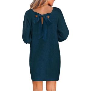 CUPSHE Womens Long Sleeve Sweater Dress V Neck Loose Fit Ribbed Knit Pullover Mini Dress Fall Outfit(Navy Blue)
