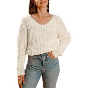 CUPSHE Women’s Long Sleeve Sweater V Neck Comfy Loose Oversized Knit Pullover Sweaters(White)