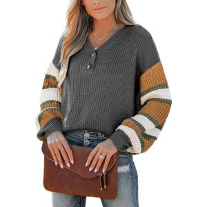 CUPSHE Womens Long Sleeve V Neck Sweaters Loose Knit Striped Button Up Chunky Oversized Pullover Sweater(Gray)