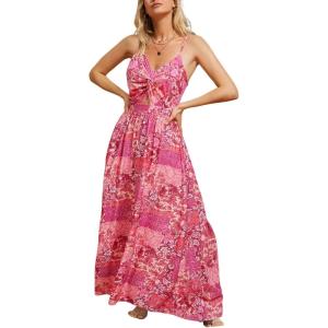 CUPSHE Women’s Maxi Dress Floral Print Twisted V Neck Sleeveless Long Dress Summer Casual Dress(Cranberry Pink)