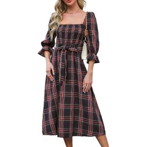 CUPSHE Women’s Maxi Dresses Square Neck Plaid Smocked Belted Ruffled Casual Half Trumpet Sleeve A Line Long Party Dress(Navy Plaid)