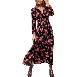 CUPSHE Womens Maxi Dresses V Neck Casual Floral Long Sleeve Fall Outfit Smocked Pockets Flowy Garden Party Dress(Black Floral)