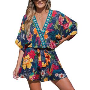 CUPSHE Women’s Mini Dress V Neck Floral Half Dolman Sleeve Belted Loose Fit Short Summer Beach Dress(Black Floral)