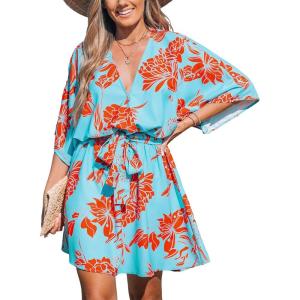 CUPSHE Women’s Mini Dress V Neck Floral Half Dolman Sleeve Belted Loose Fit Short Summer Beach Dress(Blue Paisley)